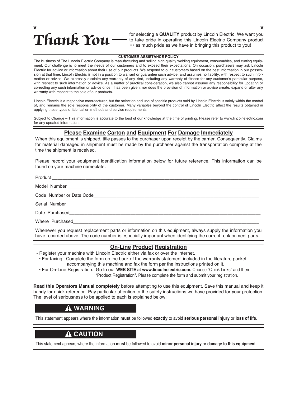 Warning, Caution | Lincoln Electric IM972 OUTBACK 185 User Manual | Page 6 / 35