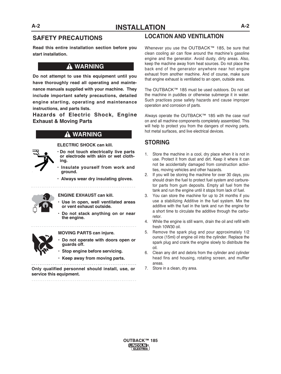 Installation, Warning, Safety precautions | Warning location and ventilation, Storing | Lincoln Electric IM972 OUTBACK 185 User Manual | Page 9 / 35