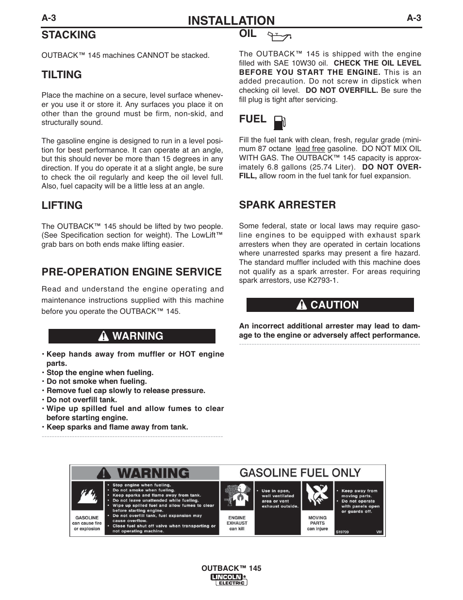 Installation, Caution spark arrester, Warning | Pre-operation engine service, Fuel, Stacking, Tilting, Lifting | Lincoln Electric IM973 OUTBACK 145 User Manual | Page 10 / 34