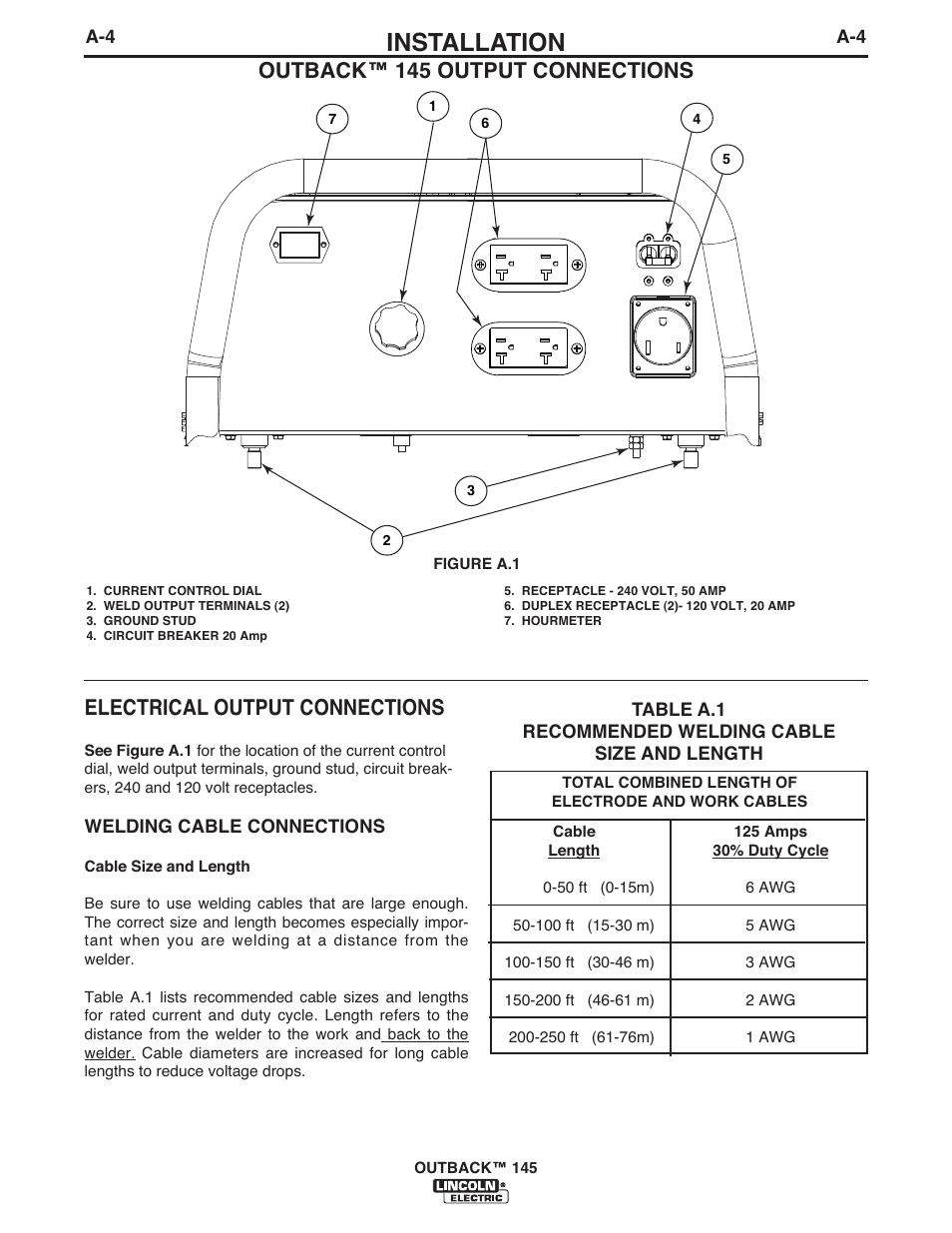 Installation, Electrical output connections, Outback™ 145 output connections | Lincoln Electric IM973 OUTBACK 145 User Manual | Page 11 / 34