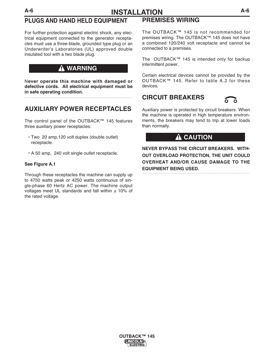 Installation, Premises wiring, Circuit breakers | Caution plugs and hand held equipment, Auxiliary power receptacles, Warning | Lincoln Electric IM973 OUTBACK 145 User Manual | Page 13 / 34