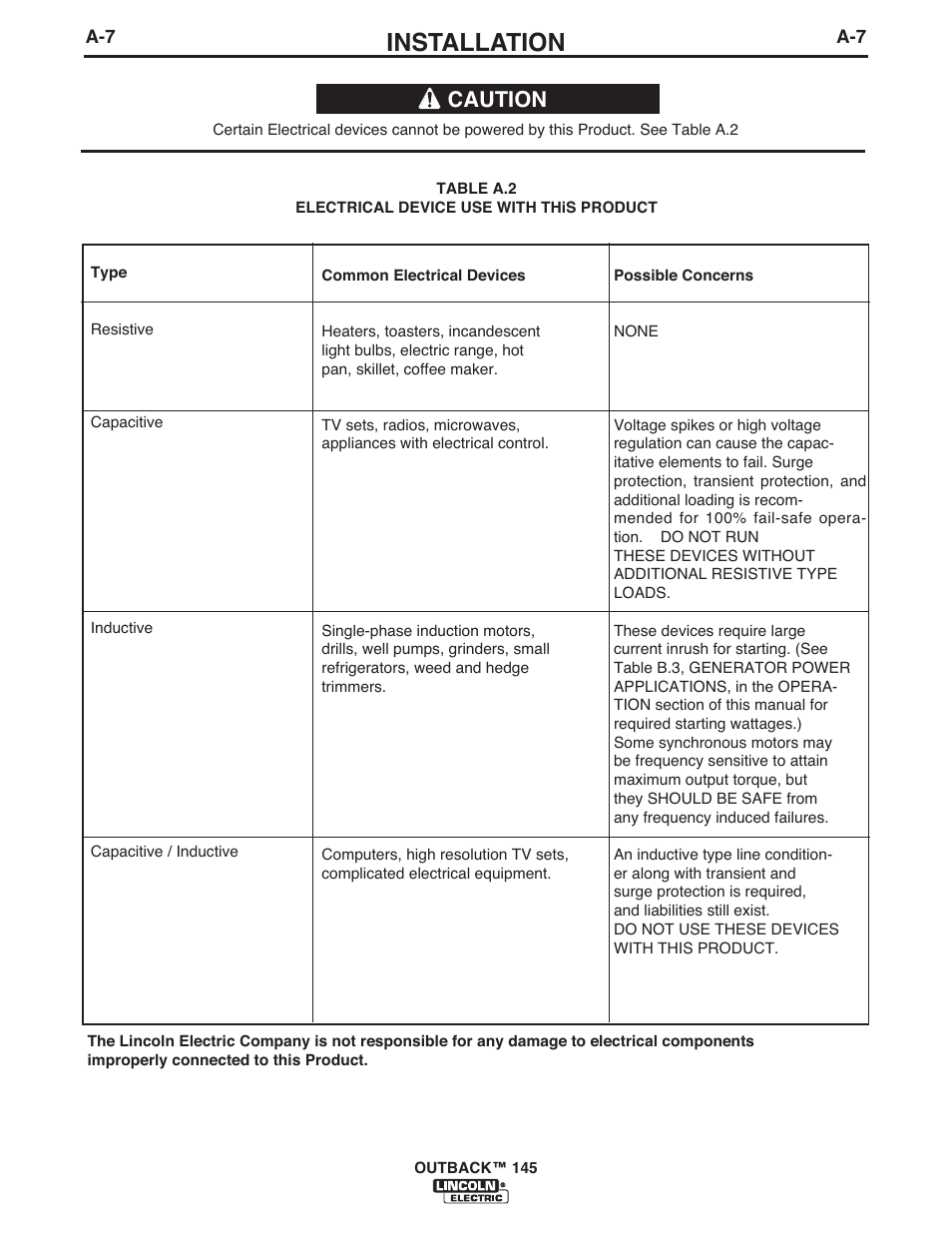 Installation, Caution | Lincoln Electric IM973 OUTBACK 145 User Manual | Page 14 / 34