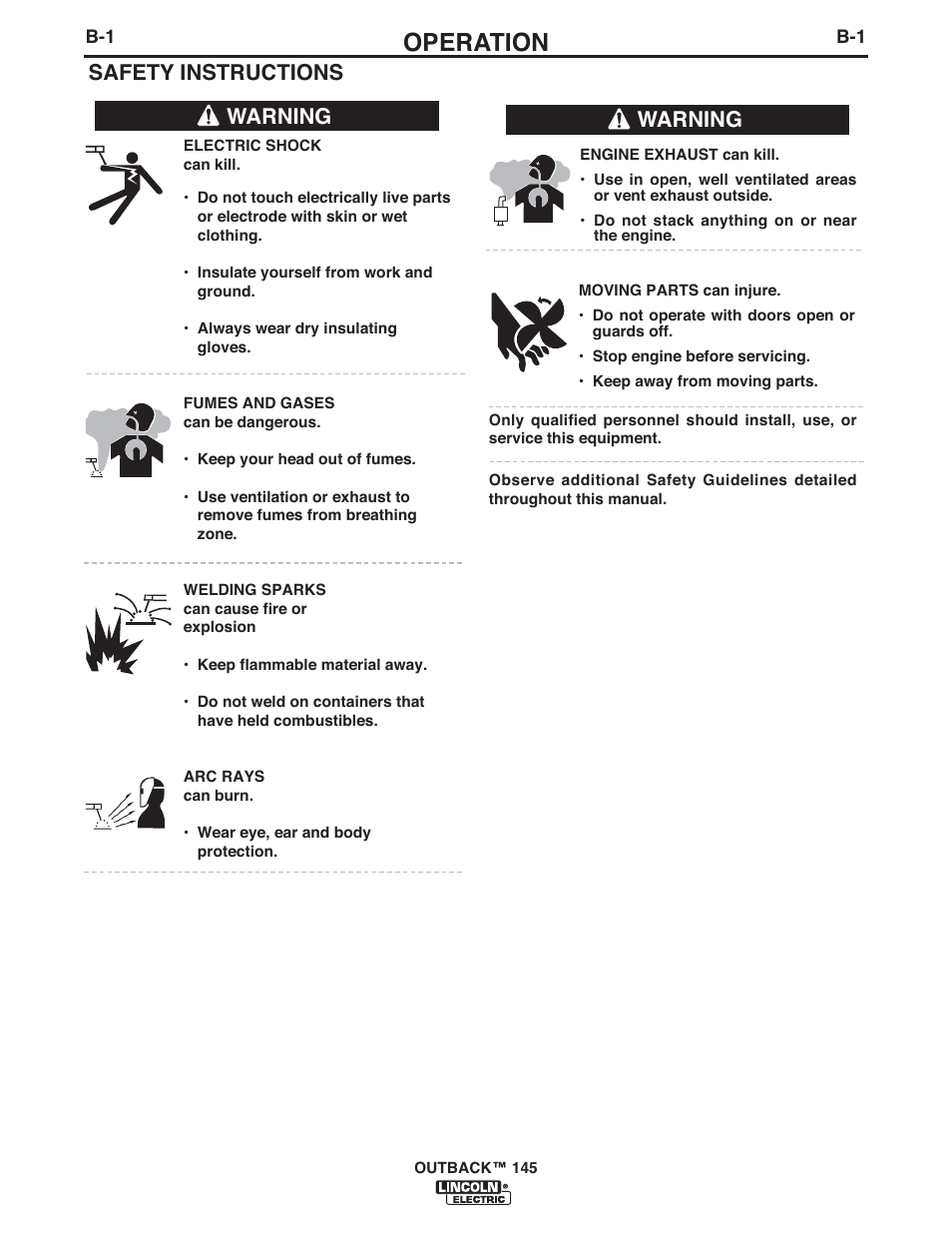 Operation, Safety instructions, Warning | Lincoln Electric IM973 OUTBACK 145 User Manual | Page 15 / 34