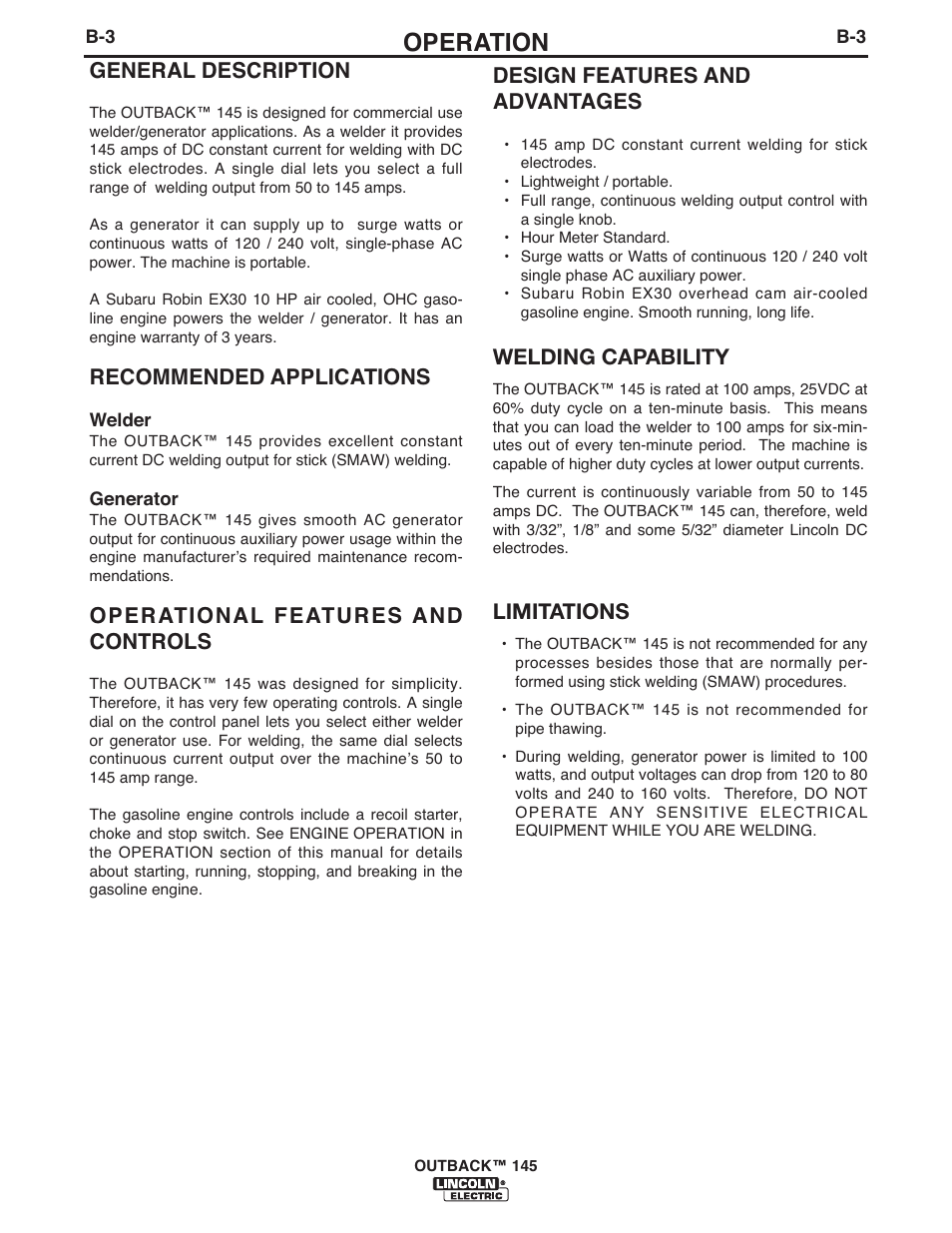 Operation, General description, Recommended applications | Operational features and controls, Design features and advantages, Welding capability, Limitations | Lincoln Electric IM973 OUTBACK 145 User Manual | Page 17 / 34