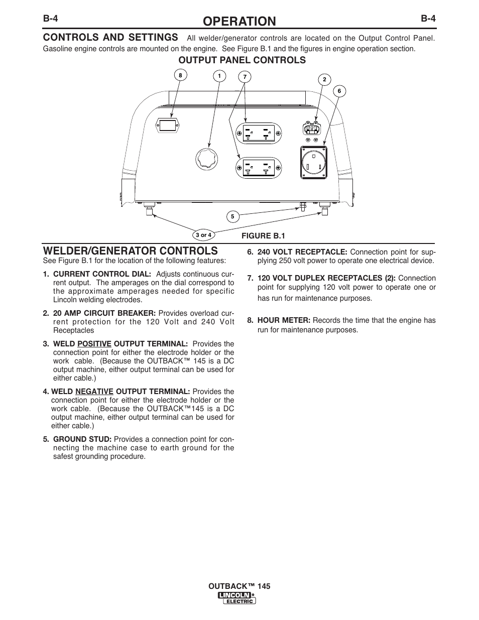 Operation, Welder/generator controls, Controls and settings | Lincoln Electric IM973 OUTBACK 145 User Manual | Page 18 / 34