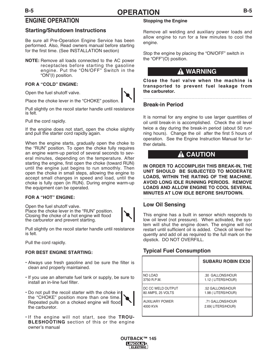 Operation, Engine operation, Caution warning | Lincoln Electric IM973 OUTBACK 145 User Manual | Page 19 / 34