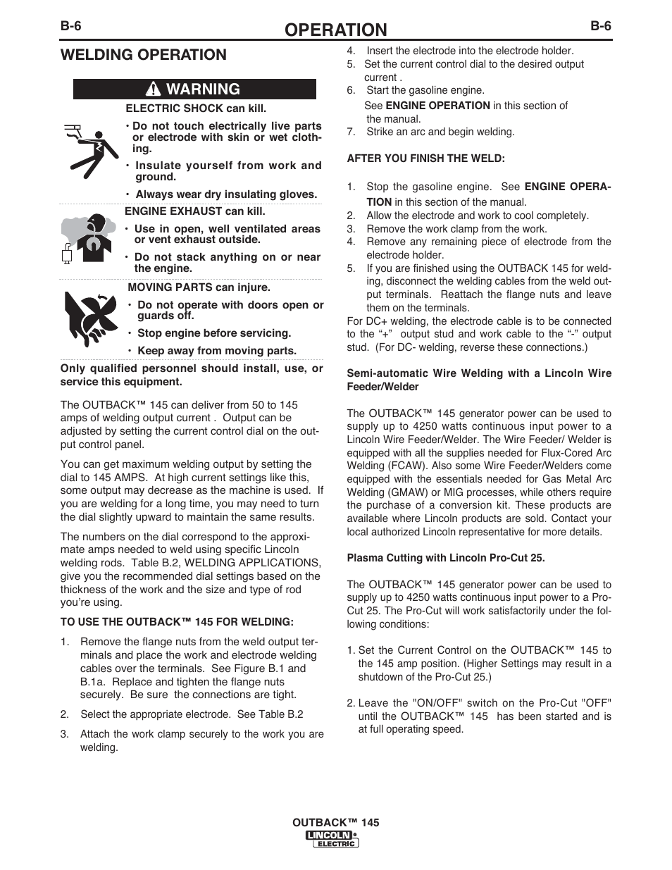 Operation, Welding operation, Warning | Lincoln Electric IM973 OUTBACK 145 User Manual | Page 20 / 34