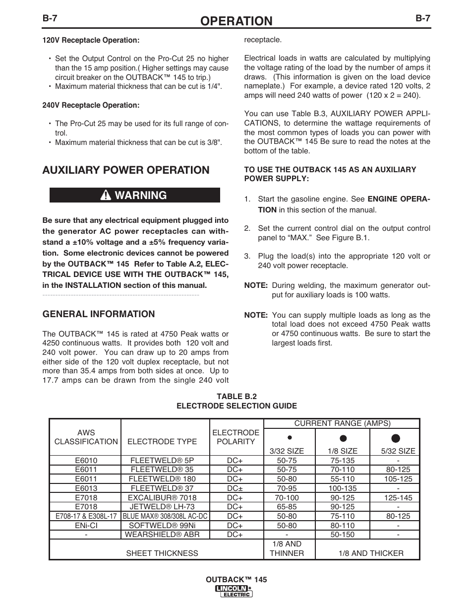 Operation, Auxiliary power operation, Warning | Lincoln Electric IM973 OUTBACK 145 User Manual | Page 21 / 34