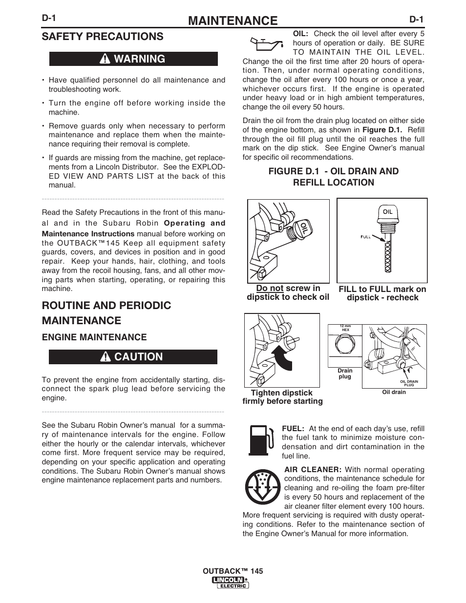 Maintenance, Safety precautions, Routine and periodic maintenance | Warning caution | Lincoln Electric IM973 OUTBACK 145 User Manual | Page 24 / 34