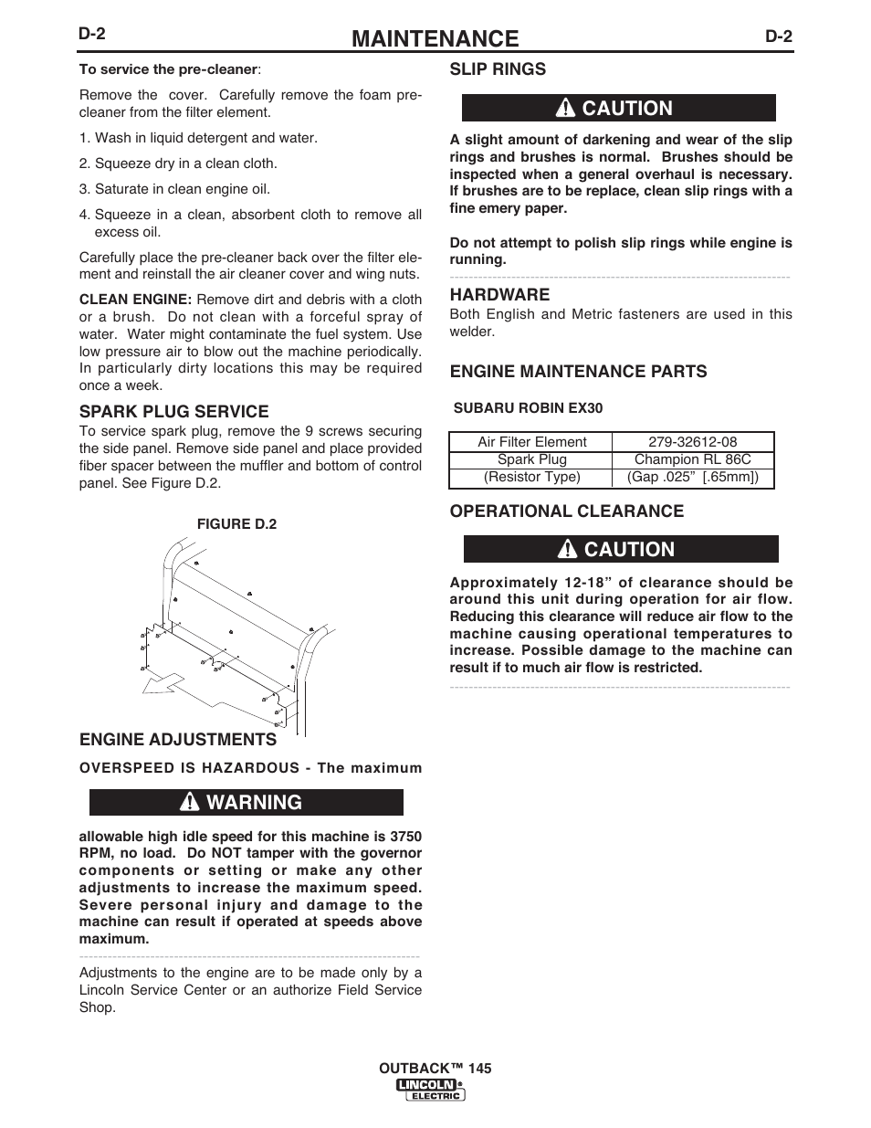 Maintenance, Warning, Caution | Lincoln Electric IM973 OUTBACK 145 User Manual | Page 25 / 34