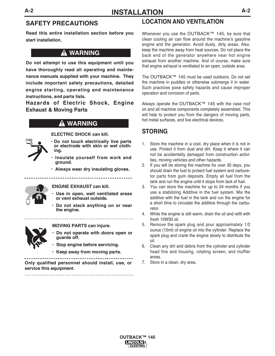 Installation, Warning, Safety precautions | Warning location and ventilation, Storing | Lincoln Electric IM973 OUTBACK 145 User Manual | Page 9 / 34