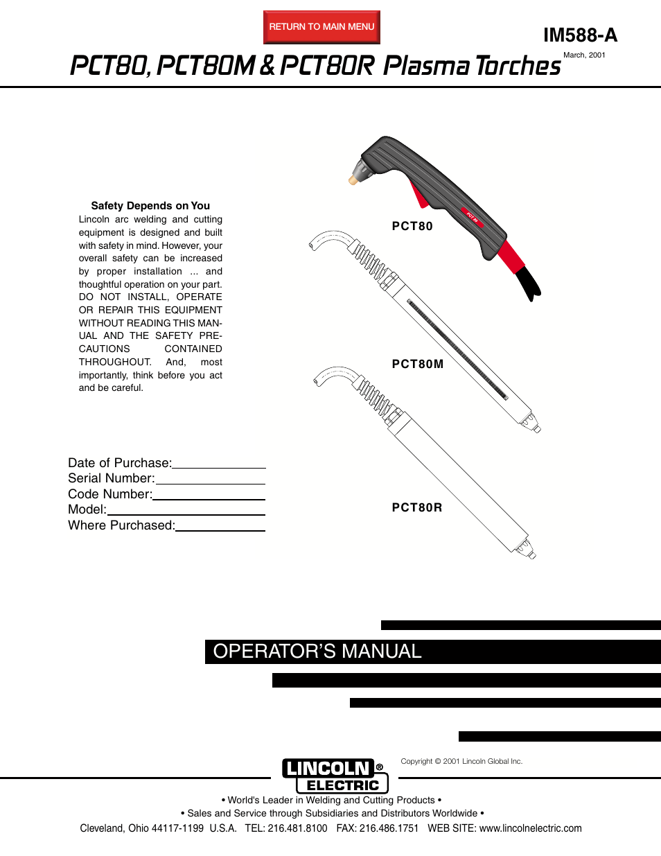 Lincoln Electric IM588 PCT80, PCT80M & PCT80R Plasma Torches User Manual | 21 pages