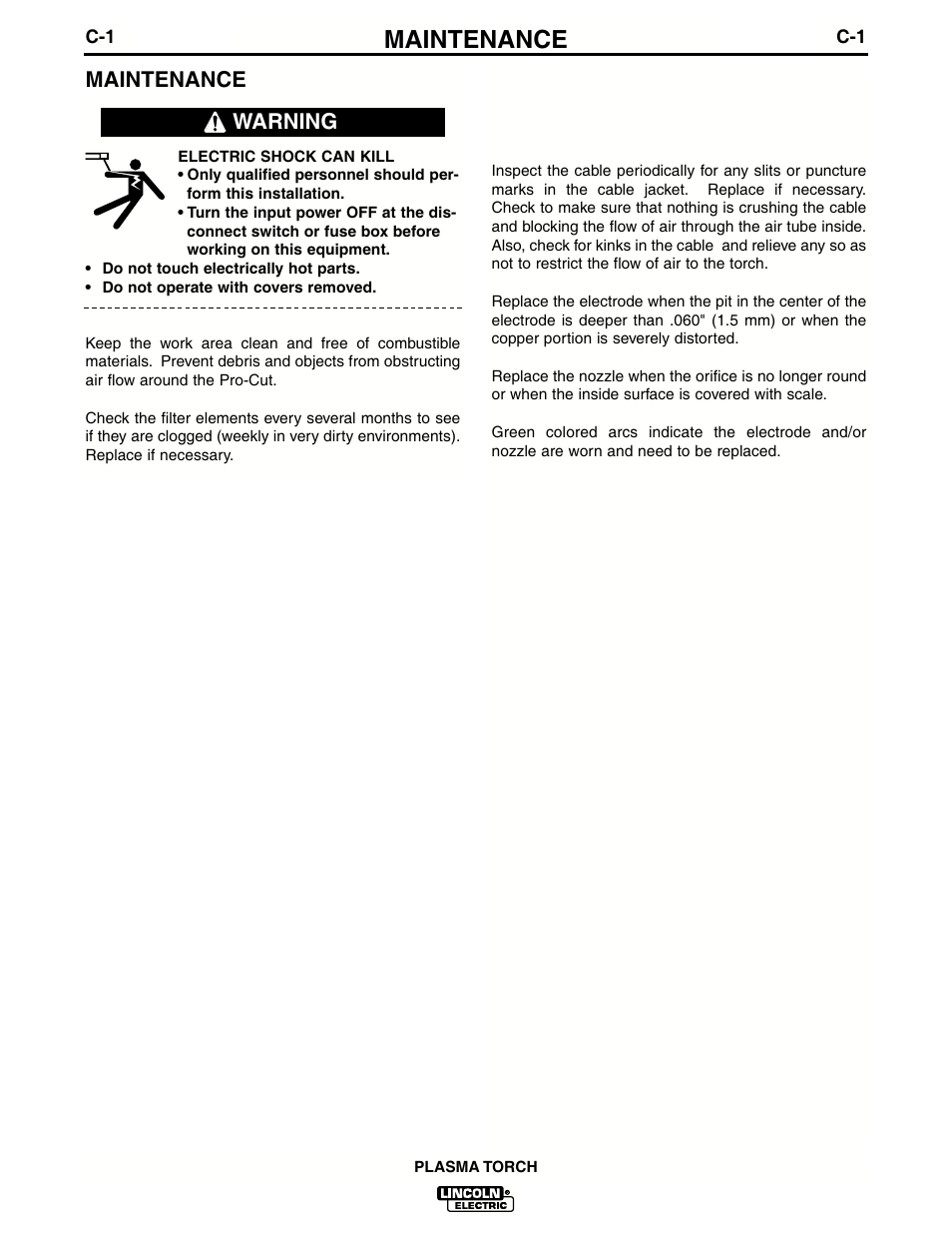 Maintenance, Warning | Lincoln Electric IM588 PCT80, PCT80M & PCT80R Plasma Torches User Manual | Page 12 / 21