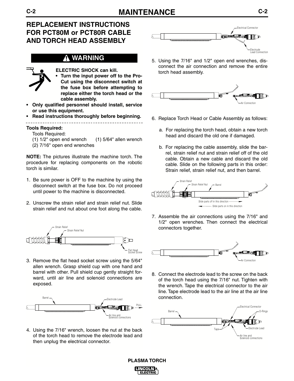 Maintenance, Warning | Lincoln Electric IM588 PCT80, PCT80M & PCT80R Plasma Torches User Manual | Page 13 / 21