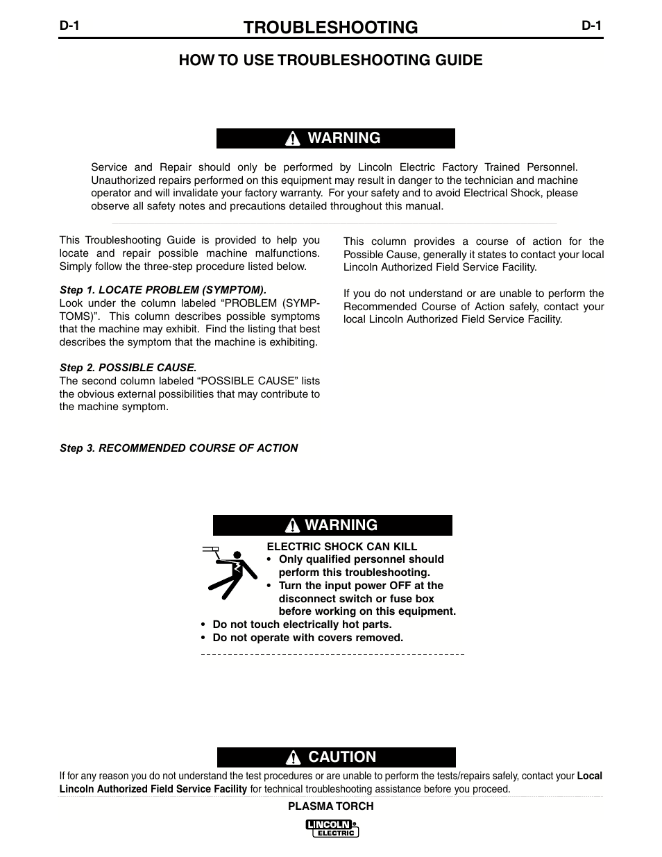 Troubleshooting, Caution warning, How to use troubleshooting guide | Warning | Lincoln Electric IM588 PCT80, PCT80M & PCT80R Plasma Torches User Manual | Page 15 / 21