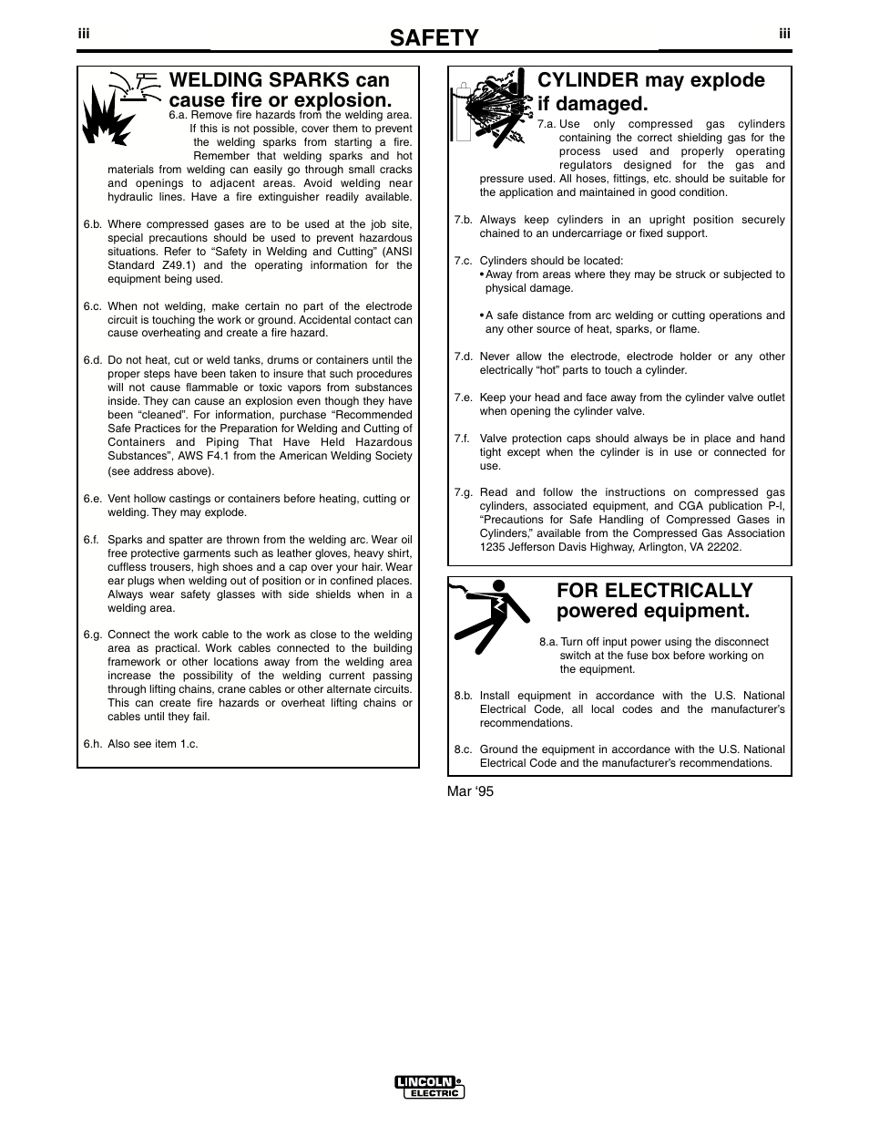 Safety, For electrically powered equipment, Cylinder may explode if damaged | Welding sparks can cause fire or explosion | Lincoln Electric IM588 PCT80, PCT80M & PCT80R Plasma Torches User Manual | Page 4 / 21