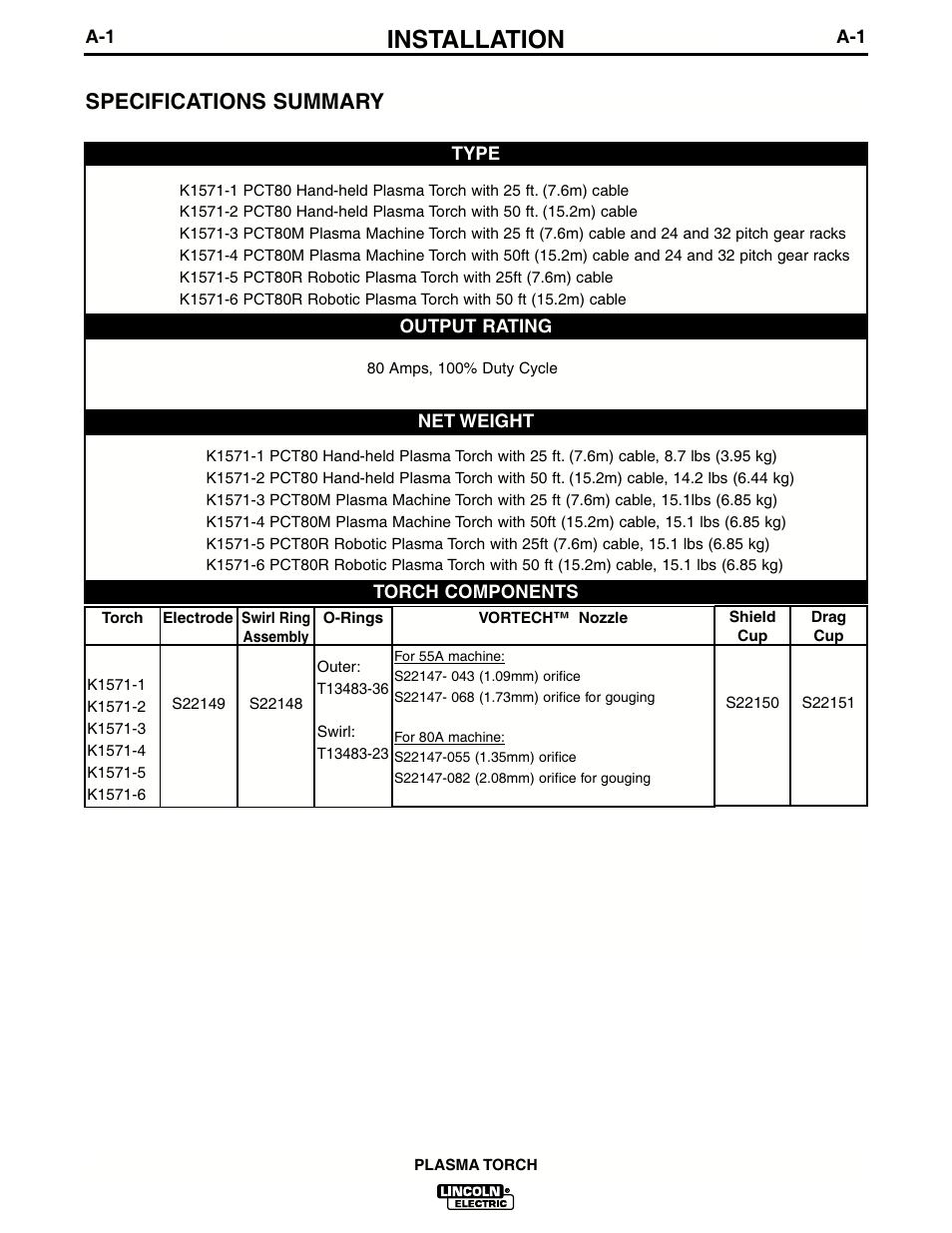 Installation, Specifications summary | Lincoln Electric IM588 PCT80, PCT80M & PCT80R Plasma Torches User Manual | Page 8 / 21