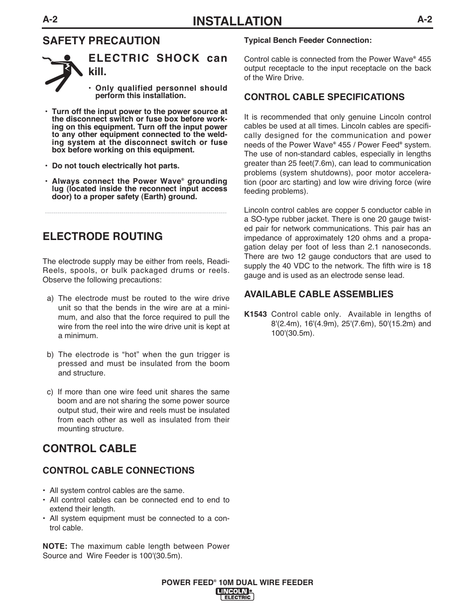 Installation, Safety precaution electrode routing, Control cable | Electric shock can kill | Lincoln Electric IM916 POWER FEED 10M Dual WIRE FEEDER User Manual | Page 10 / 68