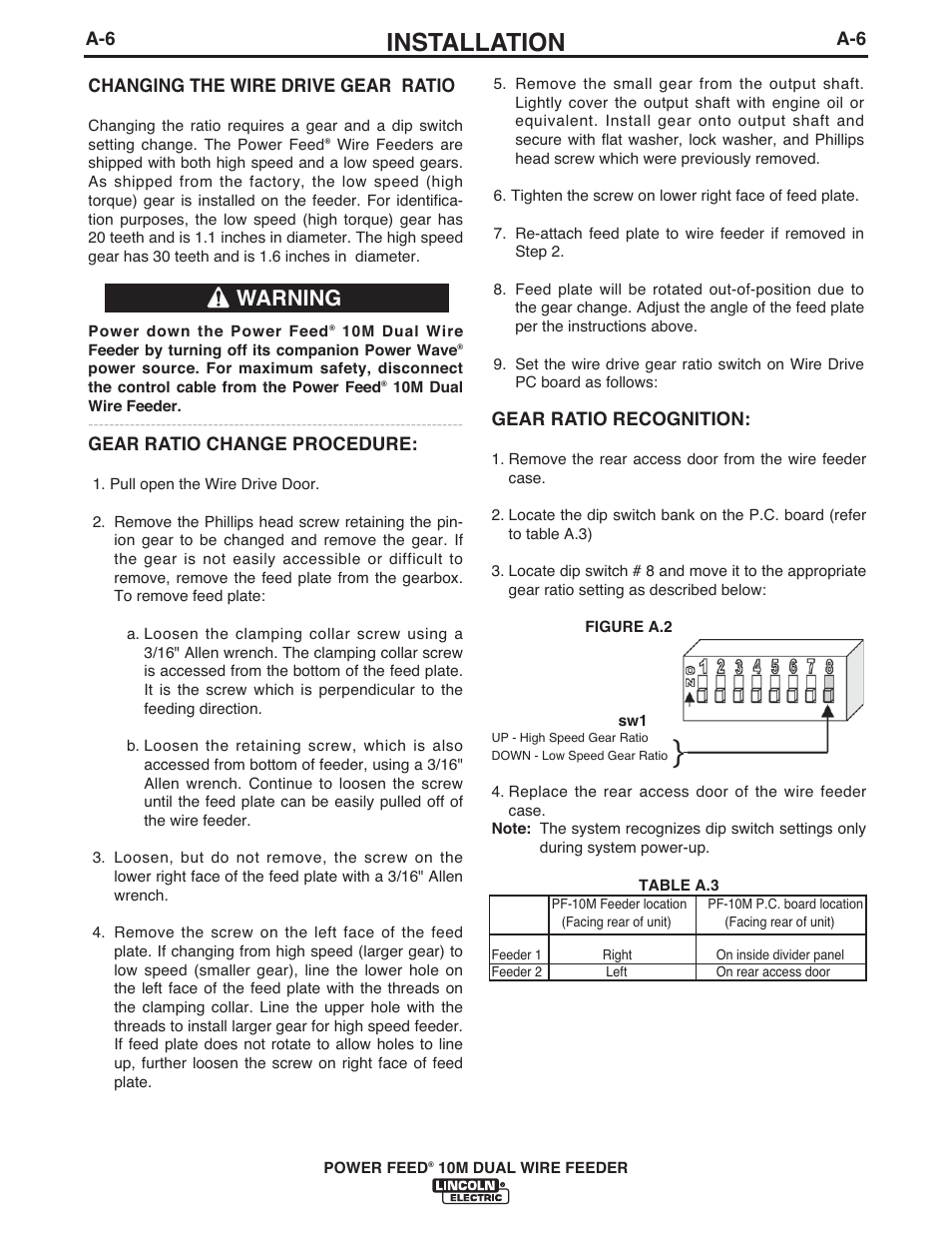 Installation, Warning | Lincoln Electric IM916 POWER FEED 10M Dual WIRE FEEDER User Manual | Page 14 / 68
