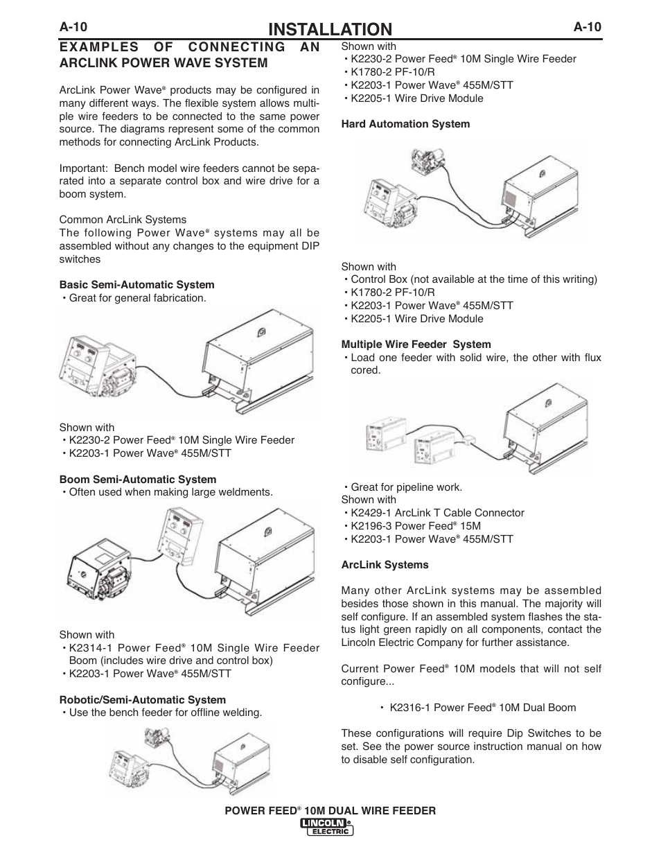 Installation, A-10 | Lincoln Electric IM916 POWER FEED 10M Dual WIRE FEEDER User Manual | Page 18 / 68