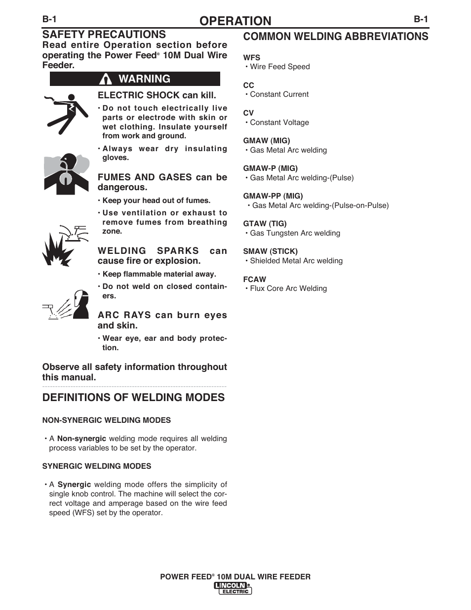 Operation, Common welding abbreviations, Safety precautions | Definitions of welding modes, Warning | Lincoln Electric IM916 POWER FEED 10M Dual WIRE FEEDER User Manual | Page 19 / 68