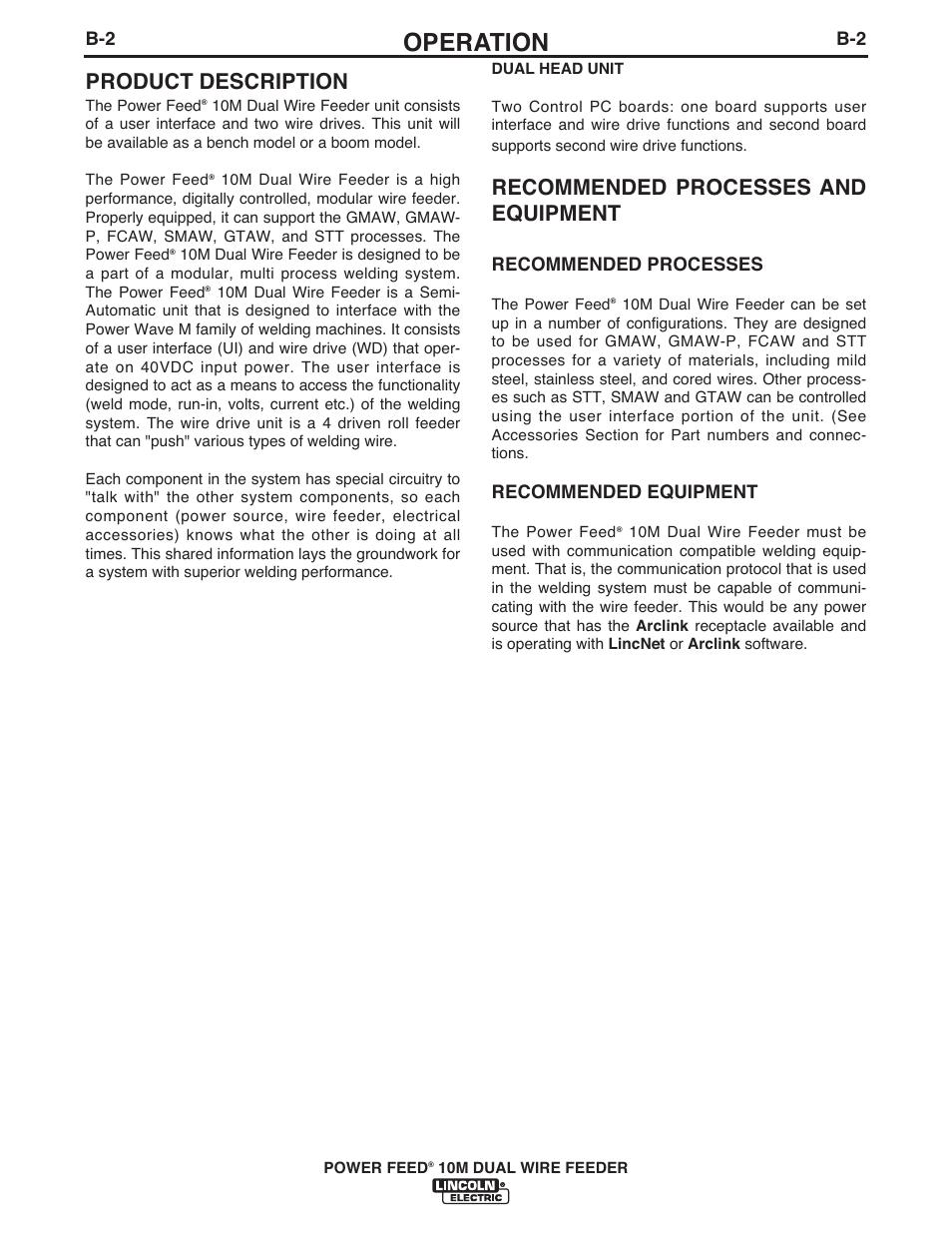 Operation, Product description, Recommended processes and equipment | Recommended processes, Recommended equipment | Lincoln Electric IM916 POWER FEED 10M Dual WIRE FEEDER User Manual | Page 20 / 68