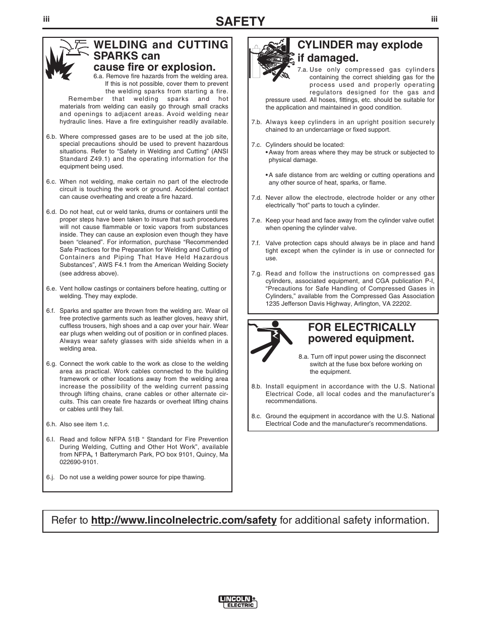 Safety, For electrically powered equipment, Cylinder may explode if damaged | Lincoln Electric IM916 POWER FEED 10M Dual WIRE FEEDER User Manual | Page 4 / 68