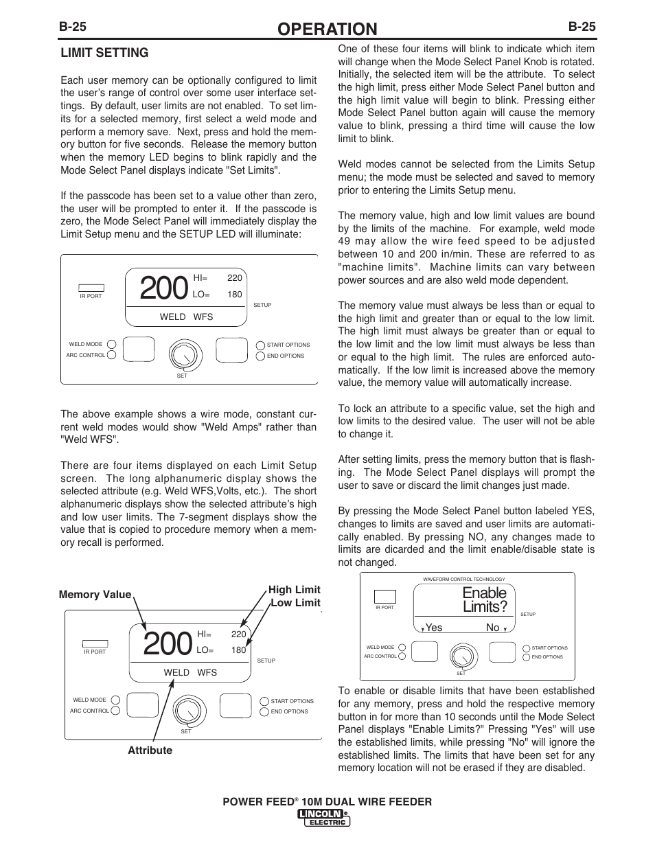 Operation, Enable limits, B-25 | Limit setting | Lincoln Electric IM916 POWER FEED 10M Dual WIRE FEEDER User Manual | Page 43 / 68