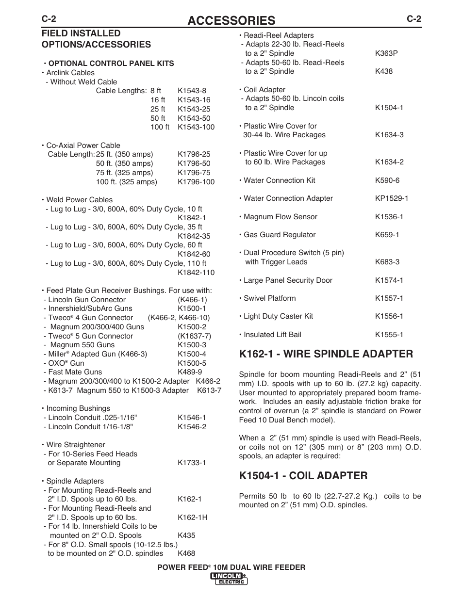 Accessories, K162-1 - wire spindle adapter | Lincoln Electric IM916 POWER FEED 10M Dual WIRE FEEDER User Manual | Page 45 / 68