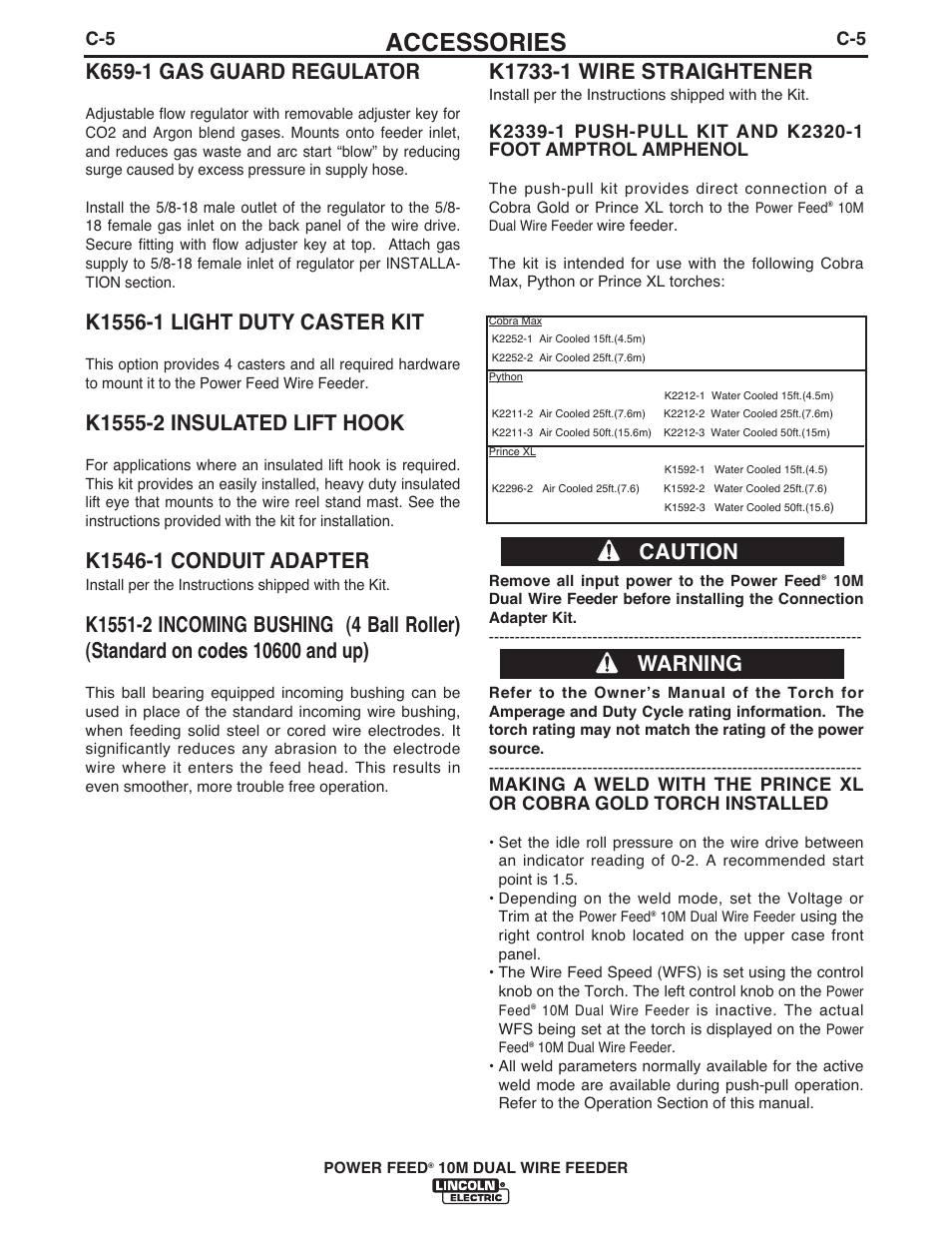 Accessories, K659-1 gas guard regulator, Caution warning | Lincoln Electric IM916 POWER FEED 10M Dual WIRE FEEDER User Manual | Page 48 / 68