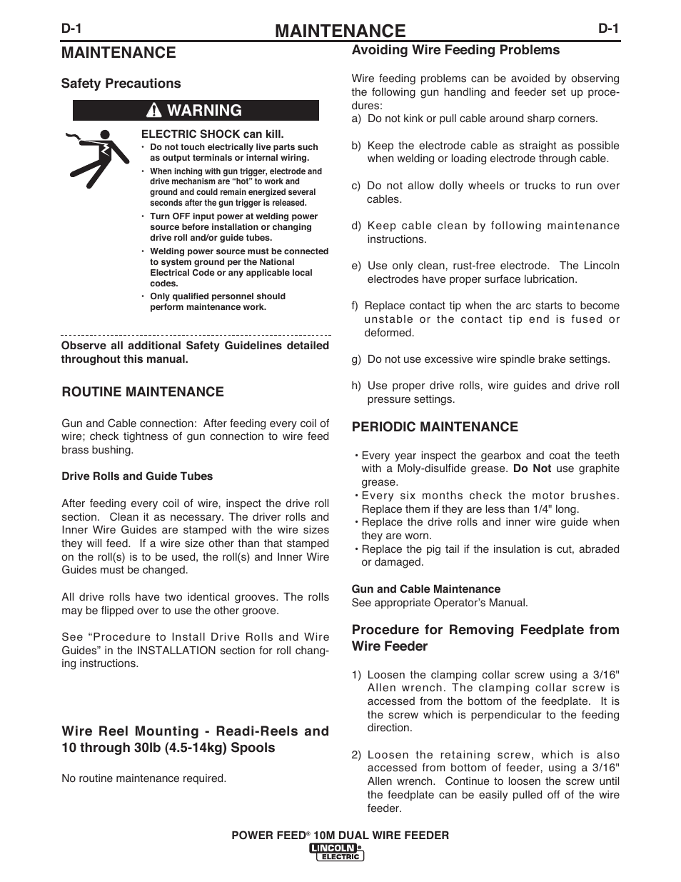 Maintenance, Warning | Lincoln Electric IM916 POWER FEED 10M Dual WIRE FEEDER User Manual | Page 49 / 68
