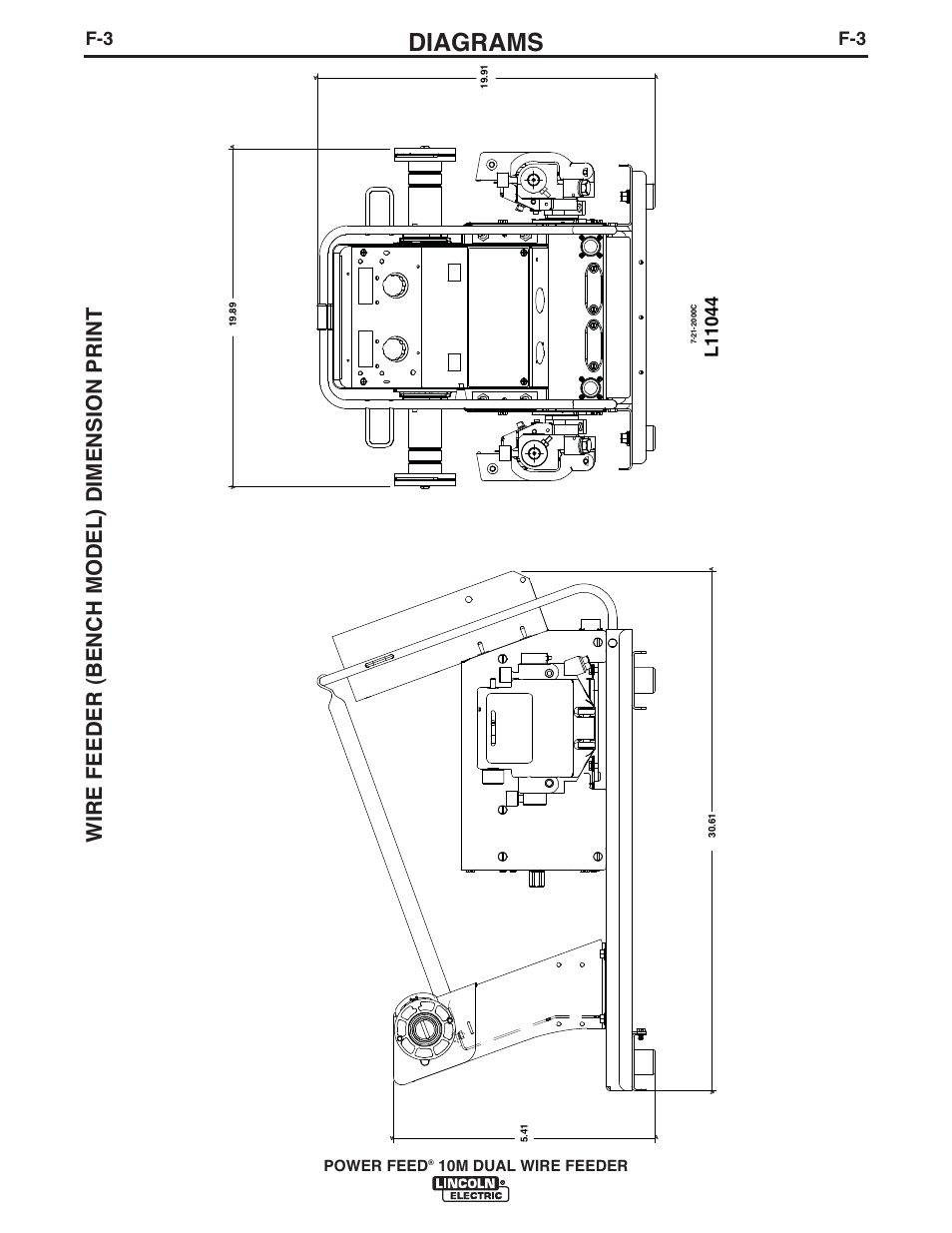 Diagrams, Wire feeder (bench model) dimension print, Power feed | 10m dual wire feeder | Lincoln Electric IM916 POWER FEED 10M Dual WIRE FEEDER User Manual | Page 64 / 68