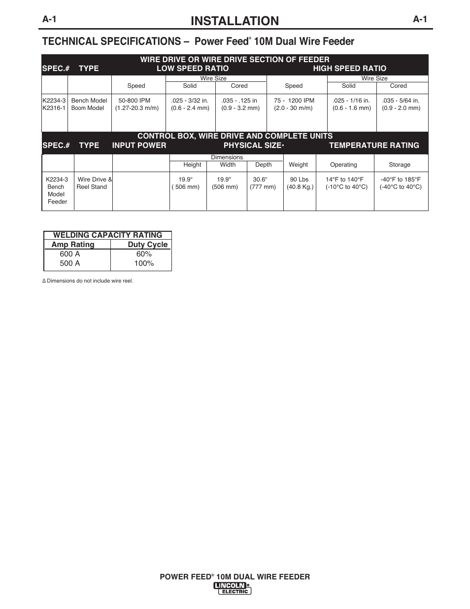 Installation, Technical specifications – power feed, 10m dual wire feeder | Lincoln Electric IM916 POWER FEED 10M Dual WIRE FEEDER User Manual | Page 9 / 68