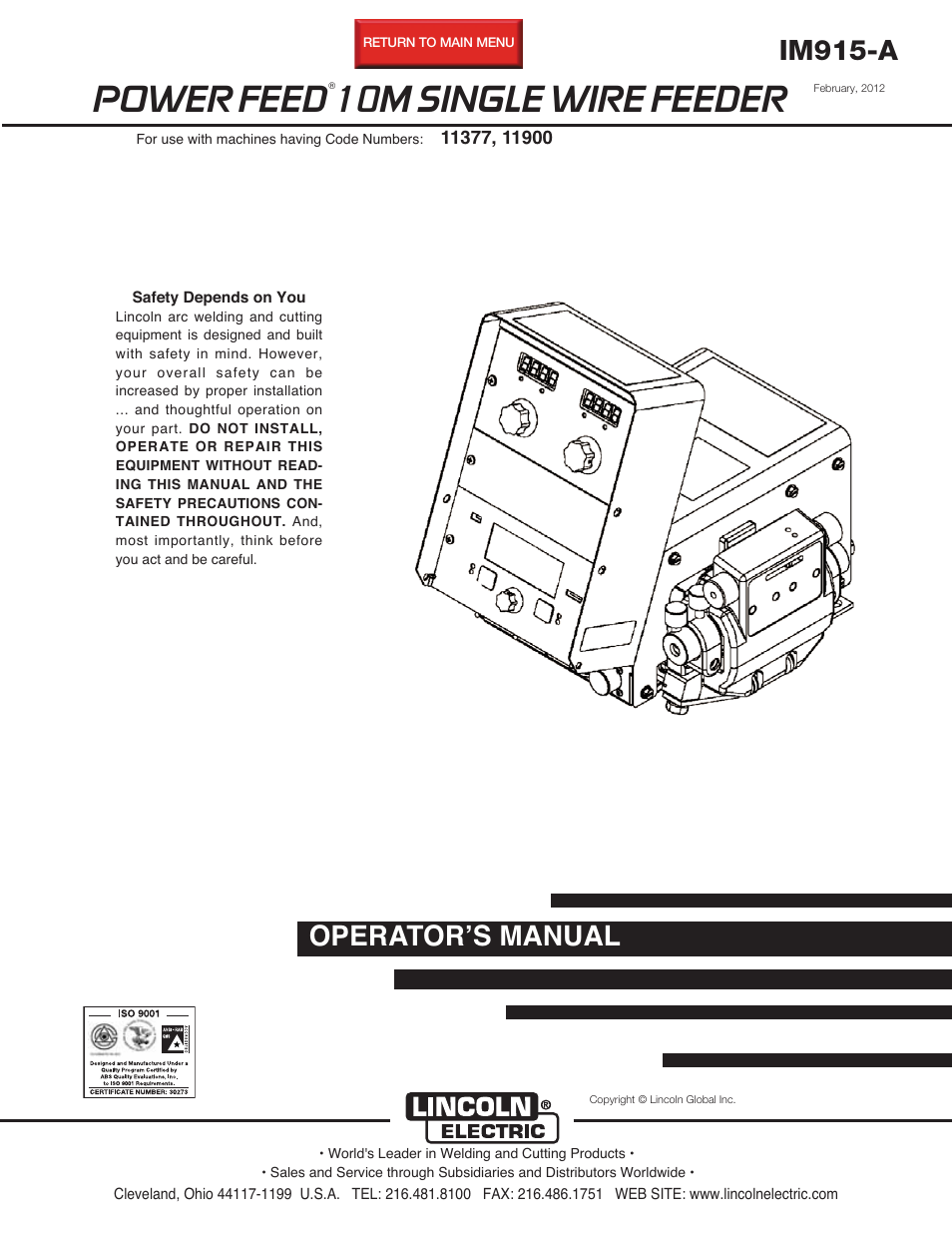 Lincoln Electric IM915 POWER FEED 10M SINGLE WIRE FEEDER User Manual | 72 pages