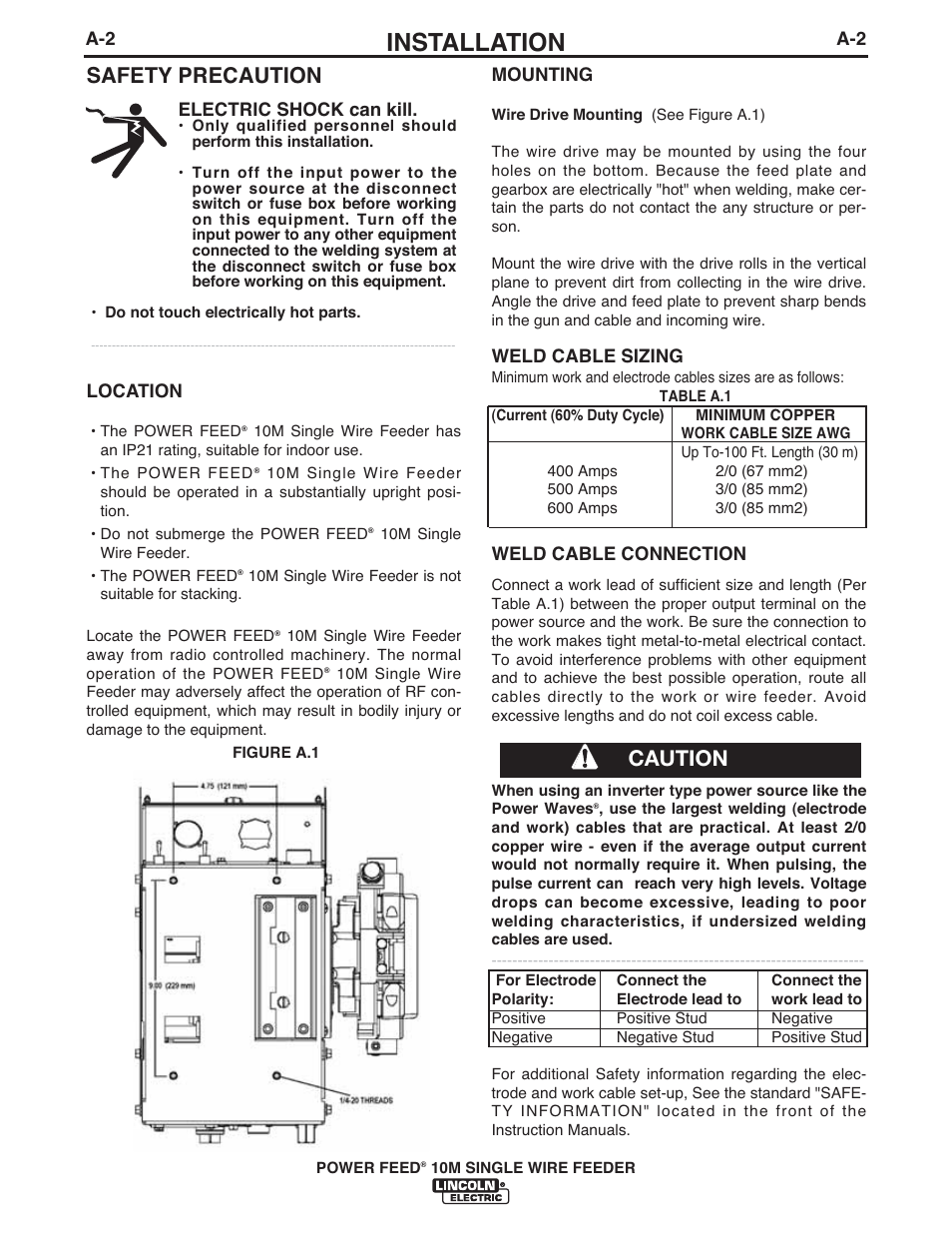 Installation, Safety precaution, Caution | Lincoln Electric IM915 POWER FEED 10M SINGLE WIRE FEEDER User Manual | Page 10 / 72