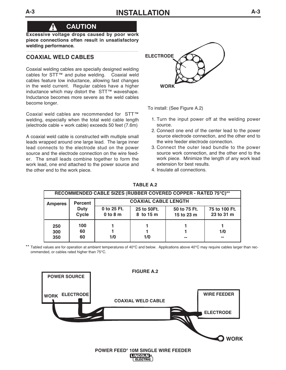 Installation, Caution | Lincoln Electric IM915 POWER FEED 10M SINGLE WIRE FEEDER User Manual | Page 11 / 72