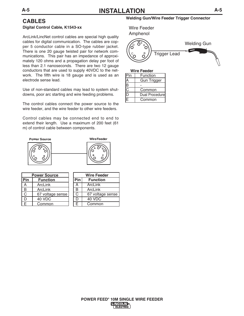 Installation, Cables | Lincoln Electric IM915 POWER FEED 10M SINGLE WIRE FEEDER User Manual | Page 13 / 72