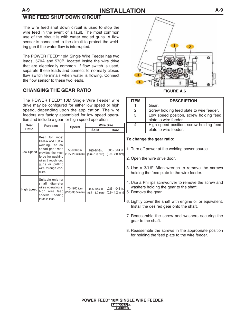 Installation, A-9 wire feed shut down circuit, Changing the gear ratio | Lincoln Electric IM915 POWER FEED 10M SINGLE WIRE FEEDER User Manual | Page 17 / 72