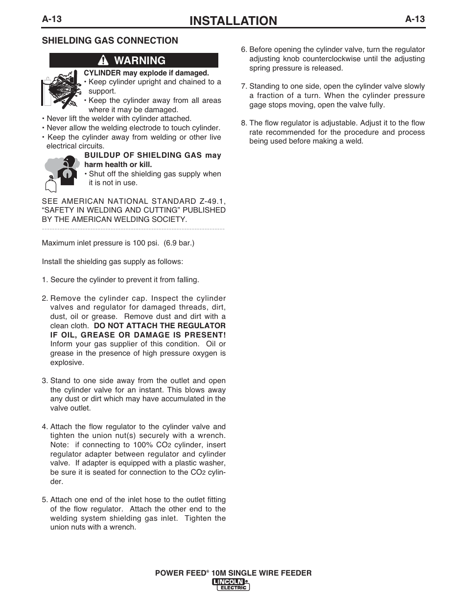 Installation, Warning | Lincoln Electric IM915 POWER FEED 10M SINGLE WIRE FEEDER User Manual | Page 21 / 72