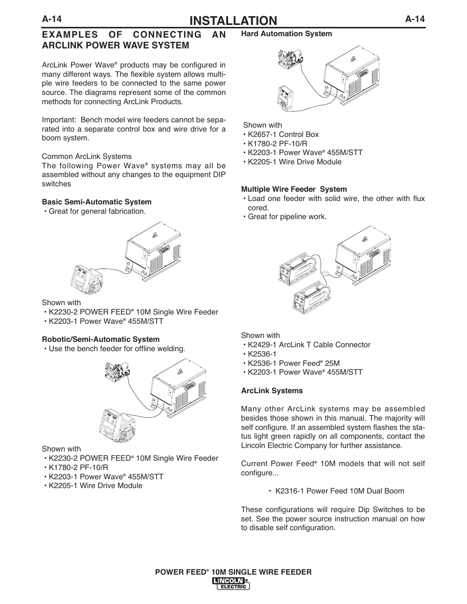 Installation, A-14 | Lincoln Electric IM915 POWER FEED 10M SINGLE WIRE FEEDER User Manual | Page 22 / 72