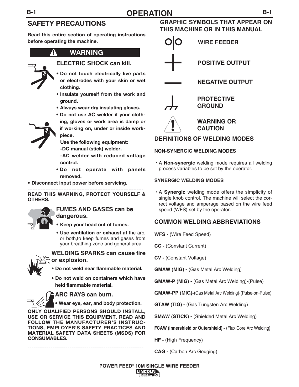 Operation, Safety precautions, Warning | Lincoln Electric IM915 POWER FEED 10M SINGLE WIRE FEEDER User Manual | Page 23 / 72