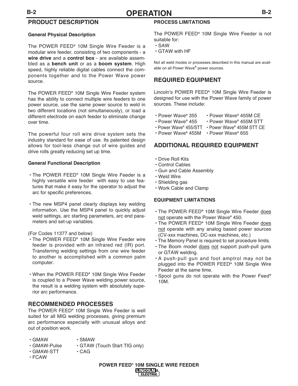 Operation, Required equipment, Additional required equipment | Product description, Recommended processes | Lincoln Electric IM915 POWER FEED 10M SINGLE WIRE FEEDER User Manual | Page 24 / 72