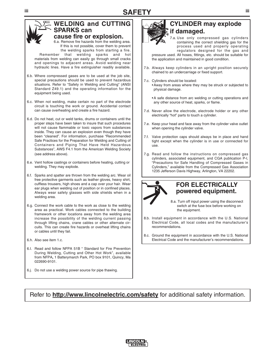 Safety, For electrically powered equipment, Cylinder may explode if damaged | Lincoln Electric IM915 POWER FEED 10M SINGLE WIRE FEEDER User Manual | Page 4 / 72