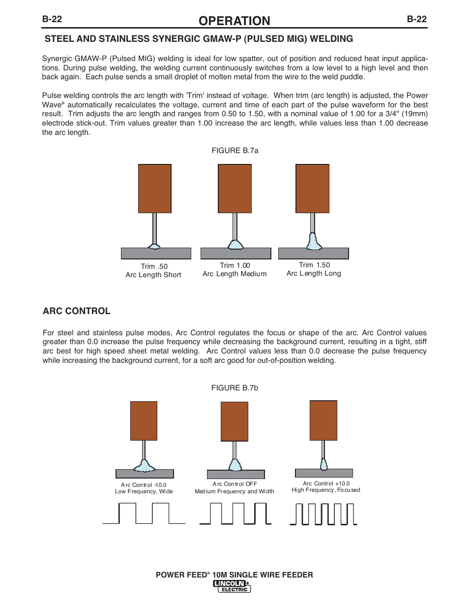 Operation, B-22, Arc control | Lincoln Electric IM915 POWER FEED 10M SINGLE WIRE FEEDER User Manual | Page 44 / 72