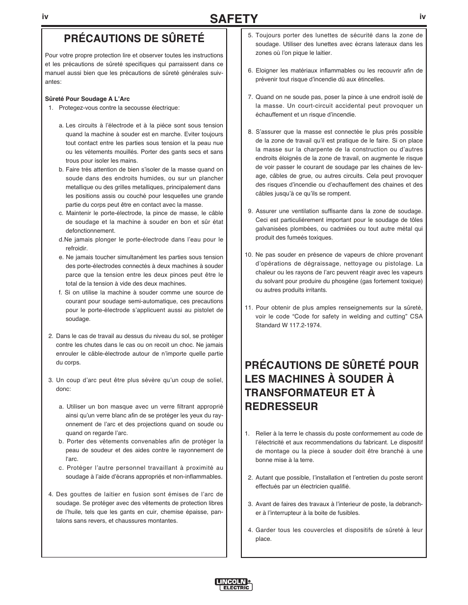 Safety, Précautions de sûreté | Lincoln Electric IM915 POWER FEED 10M SINGLE WIRE FEEDER User Manual | Page 5 / 72