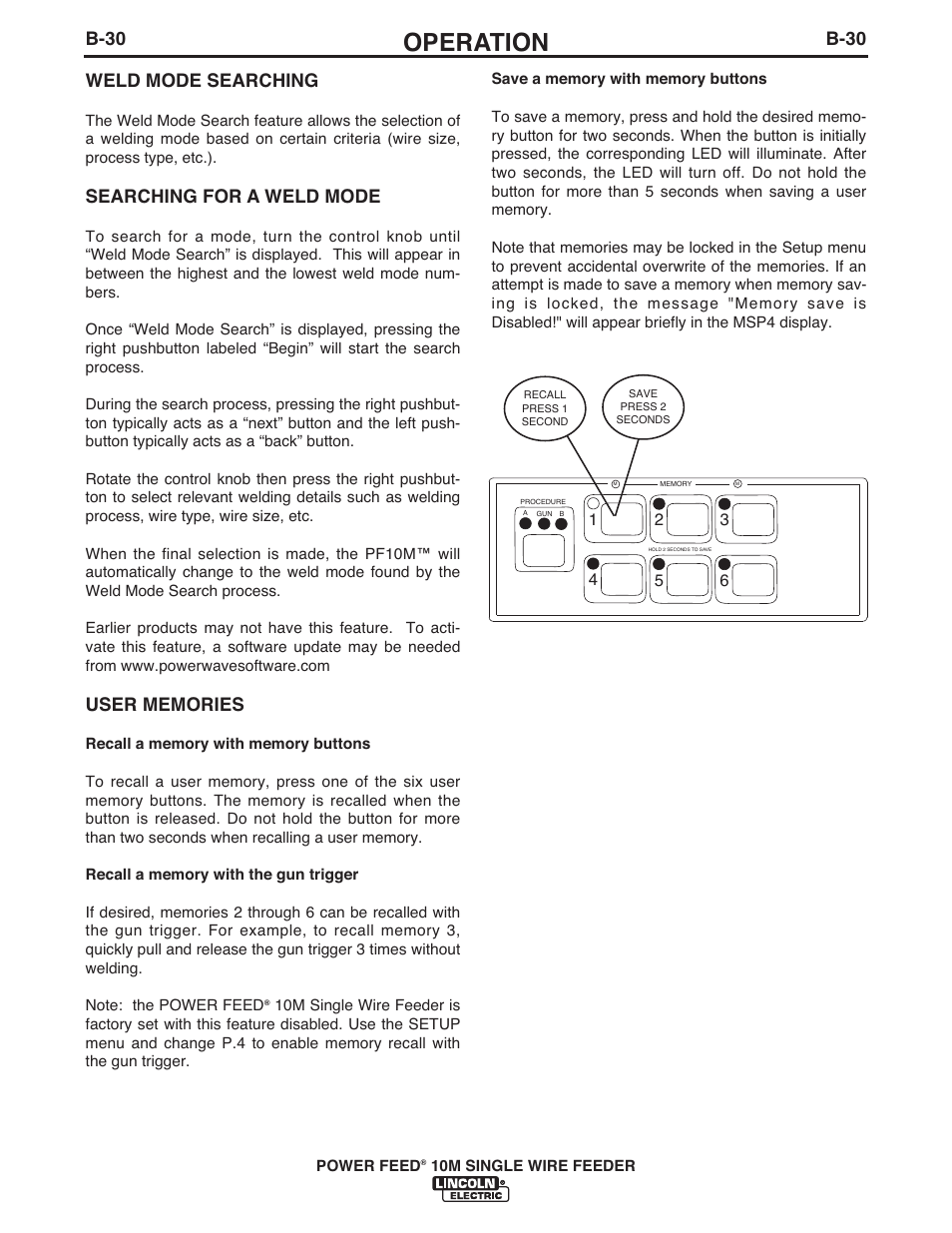 Operation, B-30, B-30 weld mode searching | Searching for a weld mode | Lincoln Electric IM915 POWER FEED 10M SINGLE WIRE FEEDER User Manual | Page 52 / 72