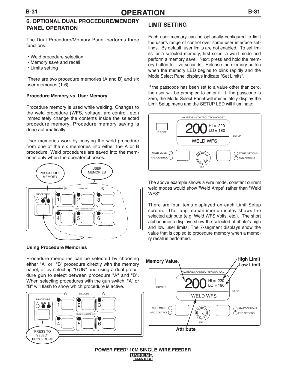 Operation, B-31, Limit setting | Lincoln Electric IM915 POWER FEED 10M SINGLE WIRE FEEDER User Manual | Page 53 / 72