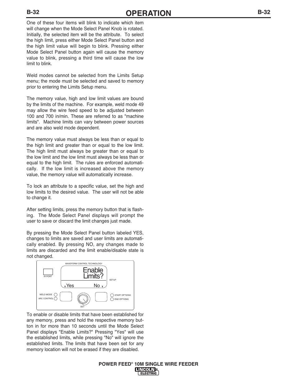 Operation, Enable limits, B-32 | Lincoln Electric IM915 POWER FEED 10M SINGLE WIRE FEEDER User Manual | Page 54 / 72