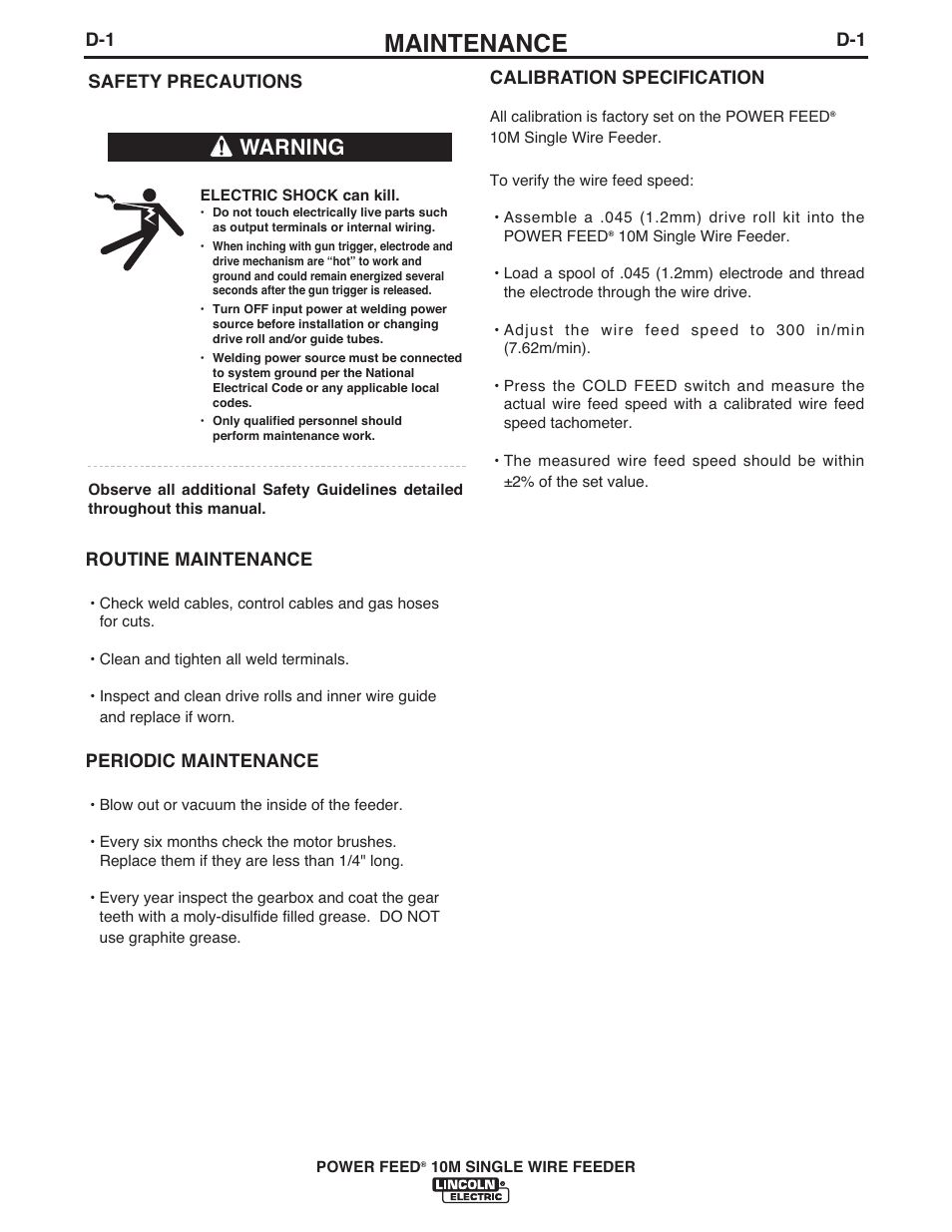 Maintenance, Warning | Lincoln Electric IM915 POWER FEED 10M SINGLE WIRE FEEDER User Manual | Page 58 / 72