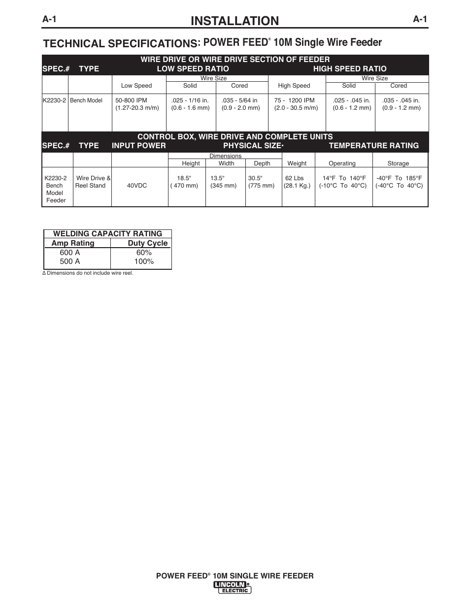 Installation, Technical specifications: power feed, 10m single wire feeder | Lincoln Electric IM915 POWER FEED 10M SINGLE WIRE FEEDER User Manual | Page 9 / 72